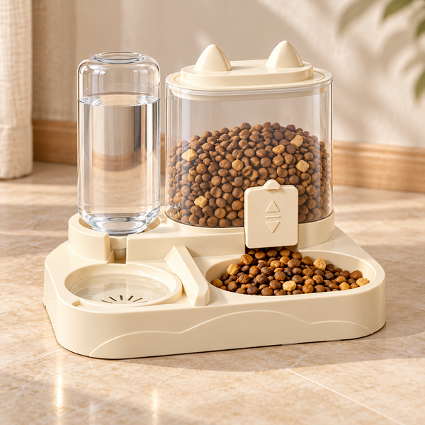 Distributeur d’eau et de croquettes 2 en 1 pour chat – Crème